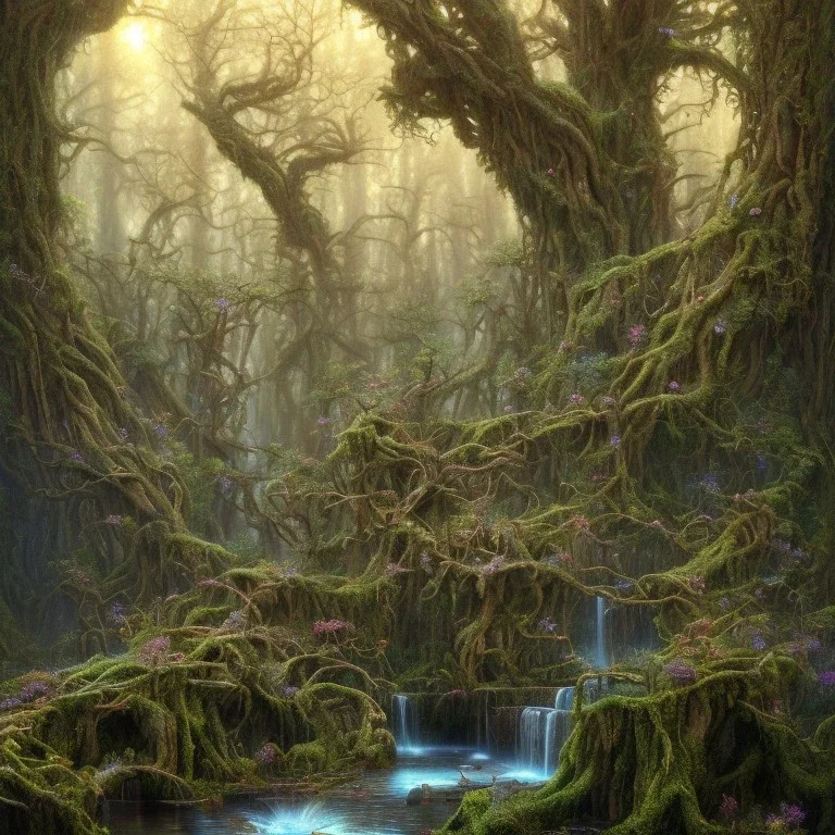 high-quality, fine-detail beautiful, breath-taking forest with gnarled trees, flowers, clear reflective lake, tranquil, stunning, 8k resolution, intricate, digital art, detailed matte, volumetric lighting, George Grie, Anne Dittman, Anne Stokes, Lisa Parker, Selina French, Alphonse Mucha