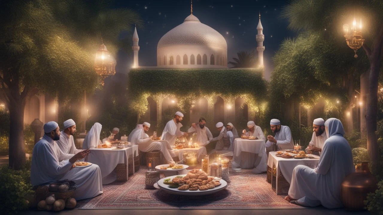 Hyper Realistic Muslims having Iftar-Preparations outside a mosque on a beautiful garden with Ramadan Decorations inside home at night with dramatic & cinematic Ambiance