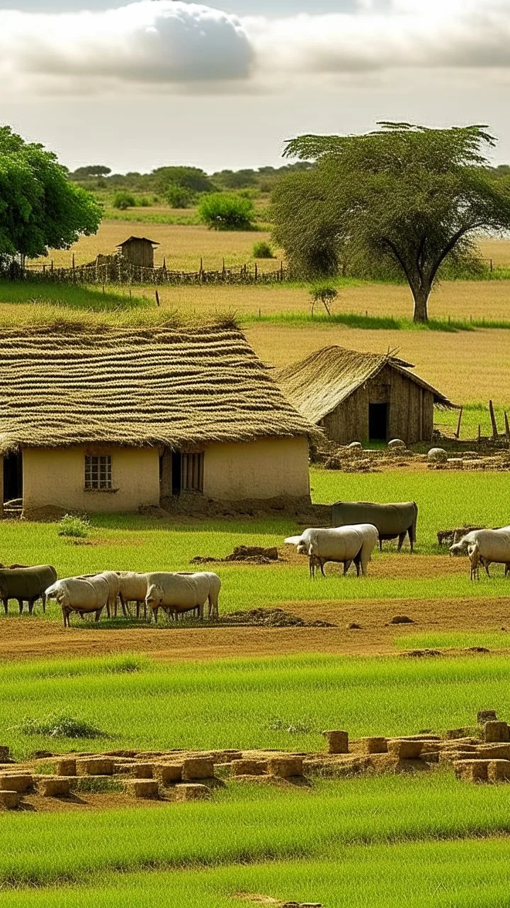 mud houses, farm land, farmers grazing