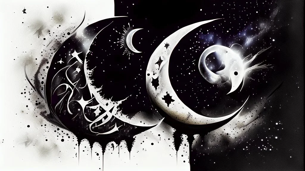 Calligraphy and combination of gray, black, white, moon, sun, star and galaxy