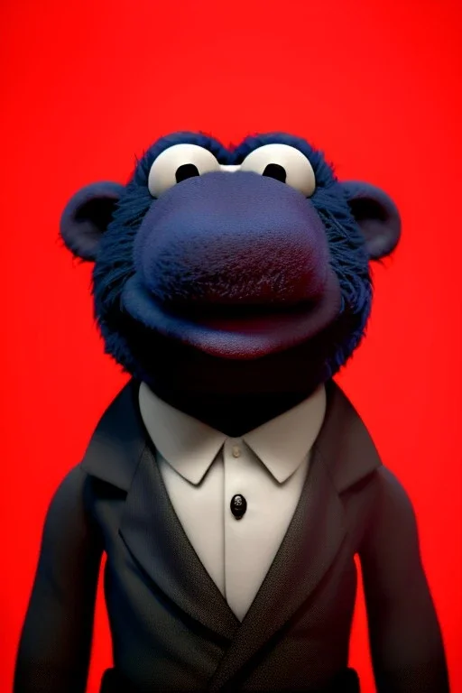 Waist up muppet Portrait, Kim Jong-un muppet doll, black suit, photo studio, red background, unreal engine 5, concept art, art station, god lights, ray tracing, RTX, lumen lighting, ultra detail, volumetric lighting, 3d.