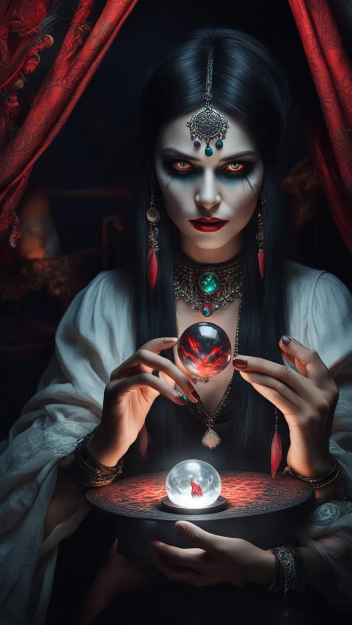 Hyper Realistic photographic-view of Wicked-&-Beautiful-Fortune-teller-with-glowing-red-eyes wearing black-beed-necklace-&-bracelet angrily Looking at her crystal-ball glowing magically & sitting in her tent with a horrifying-black-cat at dark-night decorated with fancy-traditional-feathers, tarot-cards-&-glowing-crystals showing dramatic & cinematic ambiance