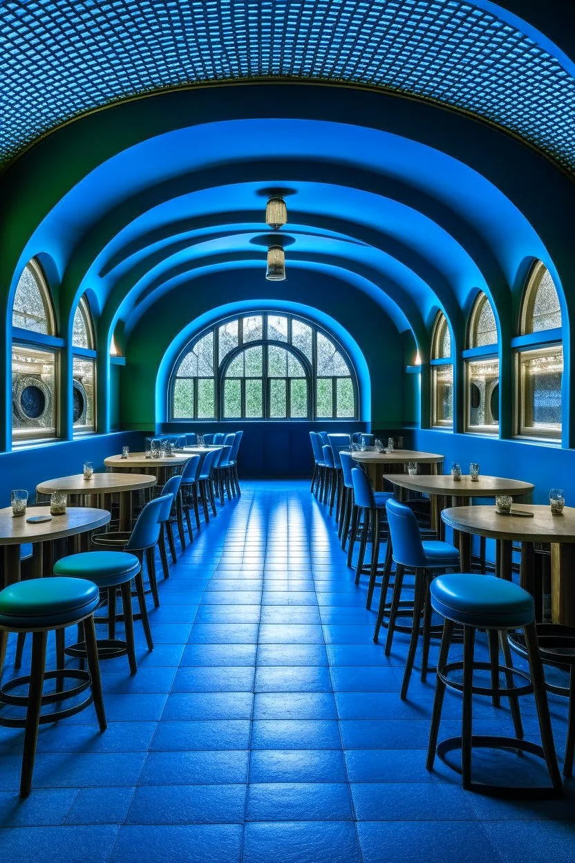 A restaurant whose outer walls are oval in shape and its interior is blue and its floor is light with a bar table in the middle of the restaurant in the shape of an oval containing 30 chairs and there are no windows in the restaurant