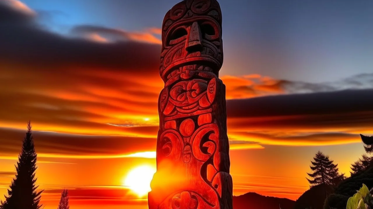 A wooden totem pole with carved faces against a vibrant sunset sky with a large sun set in a silhouetted landscape