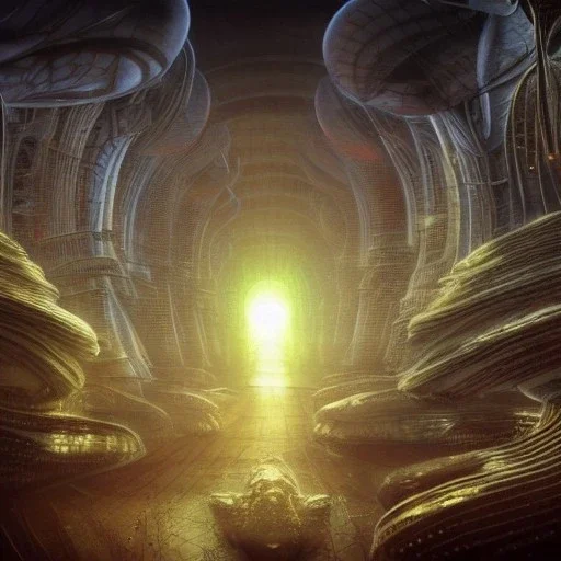 biomorphic alien city with lighting, colours, 3D, foto-realistic,TG, 8k, art by HR Giger.