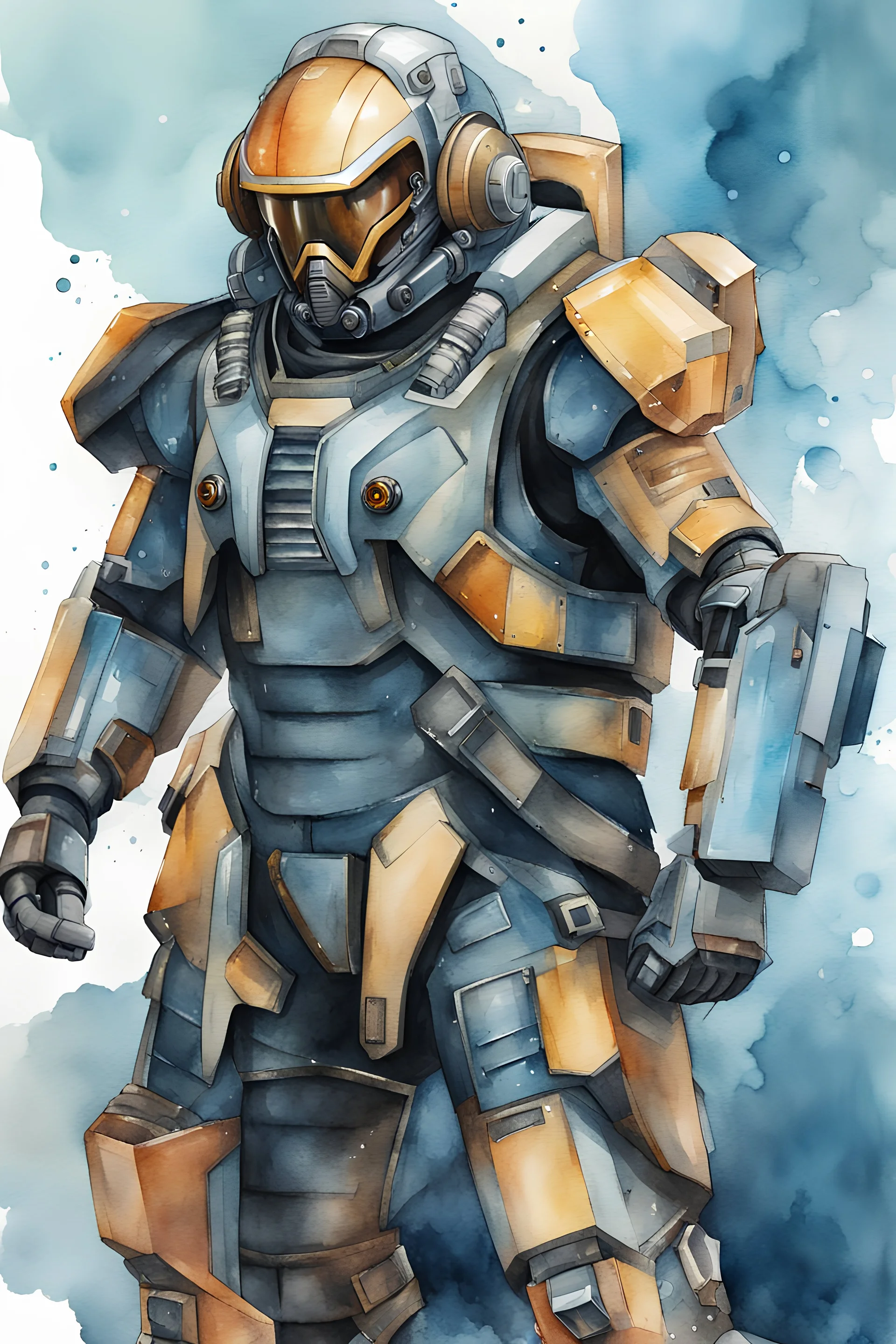 futuristic spaceship pilot in mechanized armor, watercolor style, ultra detailed character, simple background, Professional Quality watercolor painting, full body shot, vibrant colors.