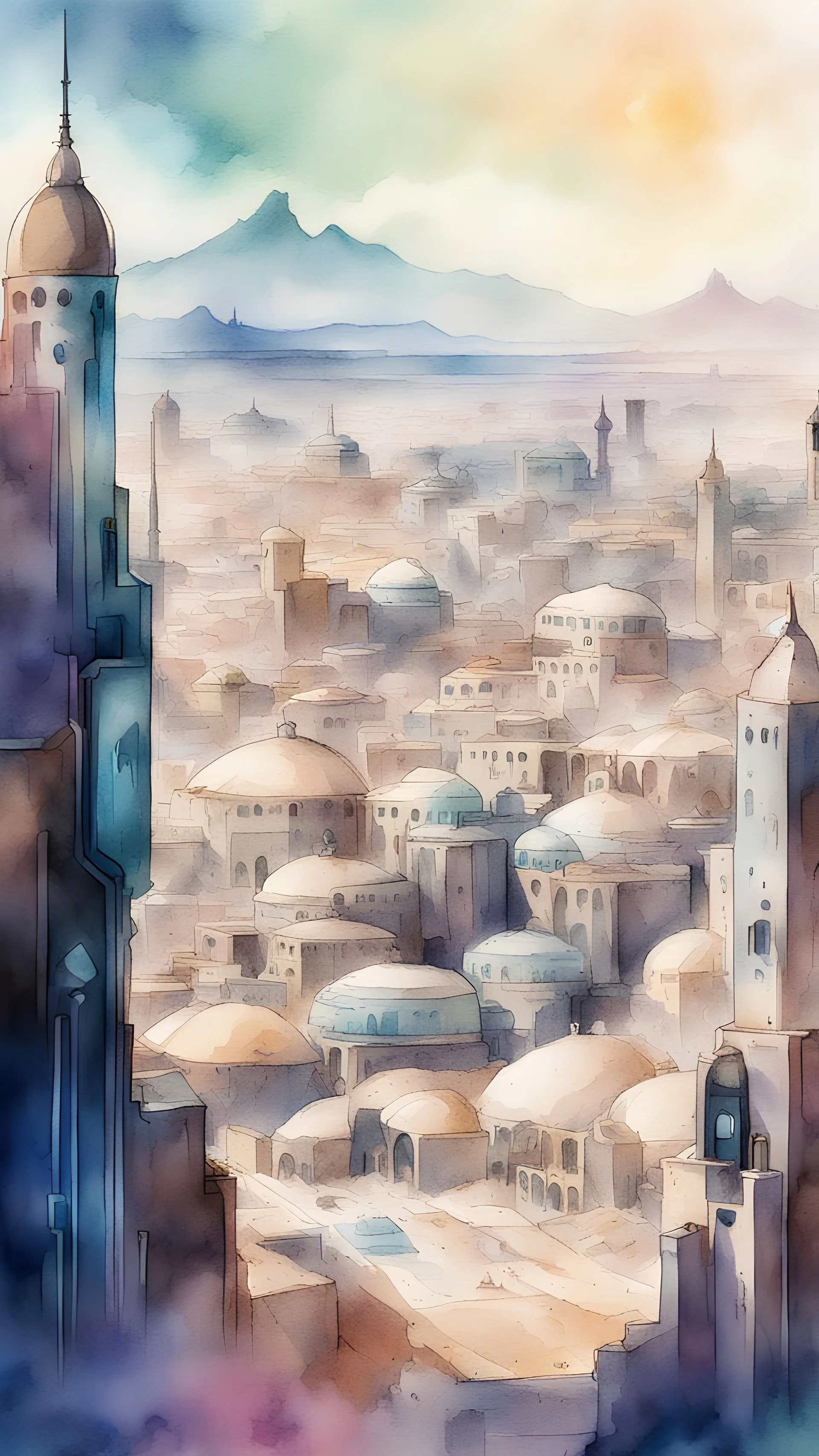 Muscat city view in fantasy cyberpunk style, watercolour