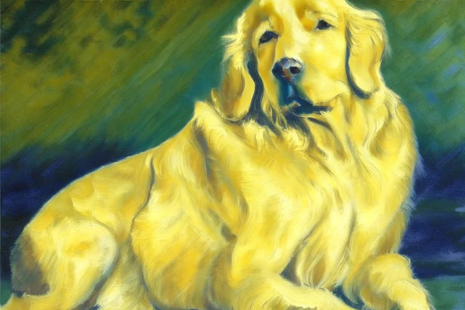 Golden retriever, impressionist oil on canvas by Paul Cézanne, 1887, broad brushstrokes, canvas relief