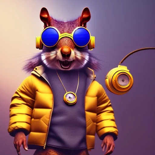 Squirrel toddler, steampunk headphone, sunglass, gangsta neckless, full body, yellow puffer jacket, tokio background, dramatic lighting, hyper realistic, unreal engine 5, 16k