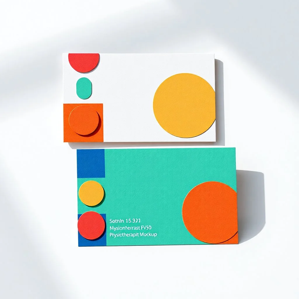 Professional business card mockup for a modern physiotherapist. The design features colorful geometric blocks and circles arranged to subtly resemble a spine or joint articulation, but in an abstract artistic way. Colors: Vibrant mint green, electric blue, and warm terracotta. Layout: Asymmetric and dynamic but organized. Texture: Premium matte paper finish. Lighting: Soft studio lighting with natural shadows. Design aesthetic: Bauhaus inspired, clean lines, approachable, distinct and memorable.