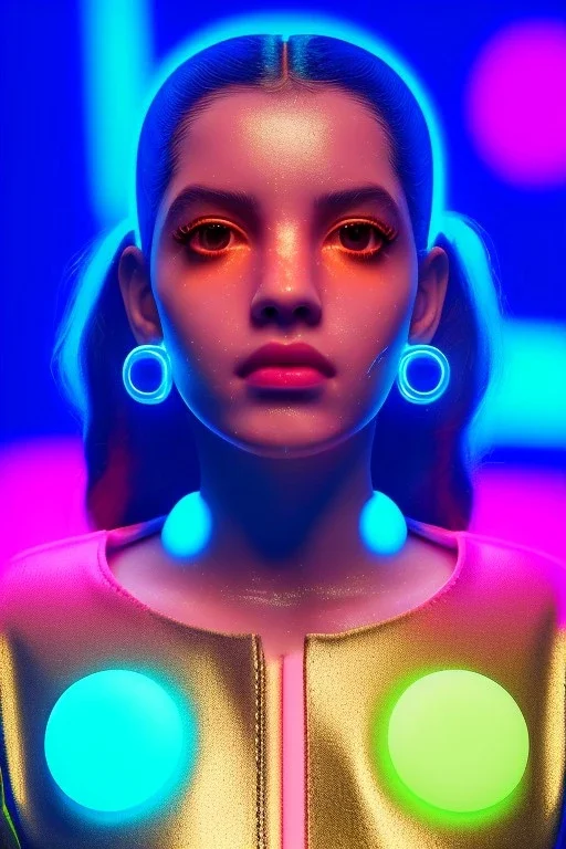 Rosalía artist, Realistic image, natural waist up portrait, perfect eyes, glow, circle iris, eye liner. face, pigtails hair, spray line make up, glow. lips, gold. big rings piercing, led ornament, pearls. coat, latex, inflatable, hot, led lights, minimal, neon, pink, blue, gold, vibrant color, highly detailed, art stations, concept art, smooth, unreal engine 5, god lights, ray tracing, RTX, lumen lighting, ultra detail, volumetric lighting, 3d, finely drawn, high definition, 4k.