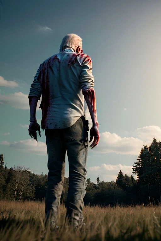 Ultra realistic image, joe biden zombie, zombie performance, blood, torn arm, night, walking twisted, waist up view, walking dead style, dark ambient, highly detailed, sky background, concept art, unreal engine 5, god rays, ray tracing, RTX, lumen lighting, ultra detail, volumetric lighting, 3d, finely drawn, high definition, high resolution.