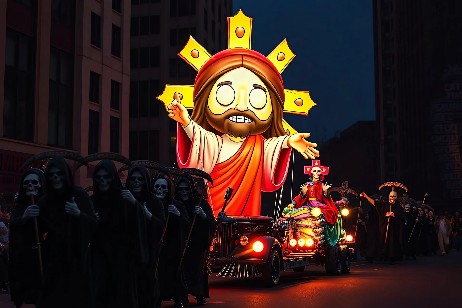 cartoonish jesus parade balloon pulled by multiple grim reapers, multi colored, bright, vivid, psychedelic, high detailed, high gloss, insanely detailed, matte, horrorcore, lining the street, unsettling contrast, monument to death, live action shot grim reaper parade, pulling a jesus parade float