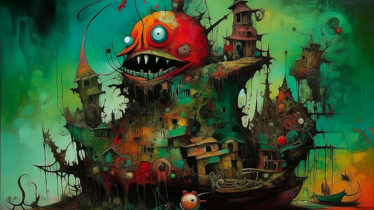 after xmas, grotesque, sarkasm, absurd, dadaism, Richly textured and colorful, this style combines bold brushstrokes with surreal, eerie compositions. It’s deeply atmospheric, blending abstraction and storytelling.