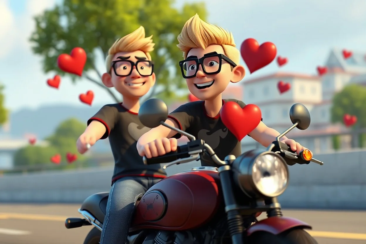 3D video game characters, a short blonde haired man wearing eyeglasses, t-shirts and jeans riding a motorcycle , hungary, Budapest, hearts, happiness