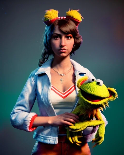 Portrait, waitress woman with monster muppet mask that covers her entire head, retro style, Sesame Street style, smooth, unreal engine 5, god lights, ray tracing, RTX, lumen lighting, ultra detail, volumetric lighting, 3d.