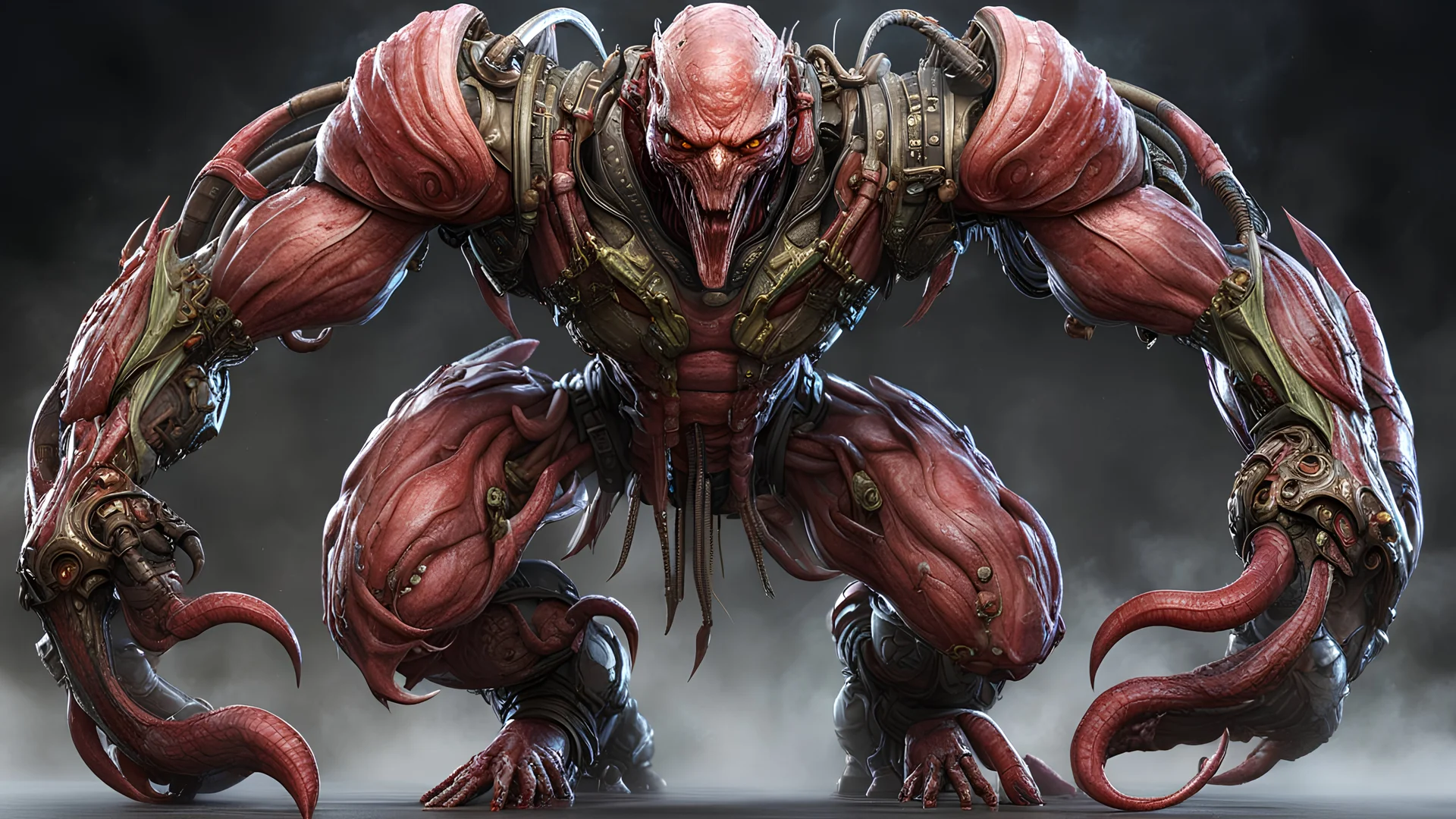 a cybermutant fleshmutant made of pulsating flesh and biomechanical limbs, fusion of flesh and machine, quivering tumors, fleshy growths, mutagenic, cybernetic hoses, wires, anime style, 2d, fighting game style masterpiece, best quality, ultra realistic, 32k, RAW photo, detail skin, 8k uhd, dslr, high quality, film grain,\nShort and messy hair, dynamic, vibrant, action-packed, detailed character design, reminiscent of fighting video games,
