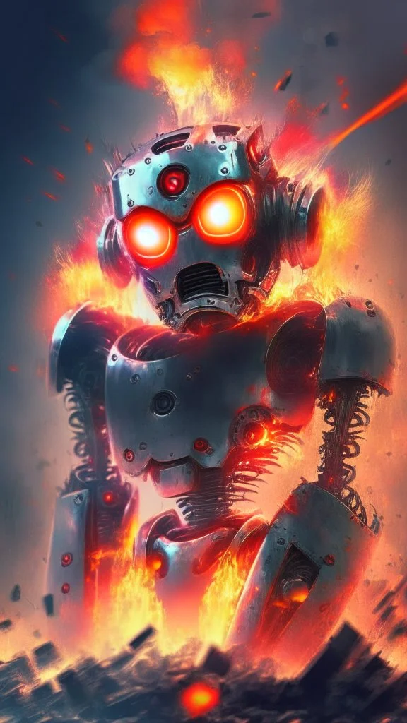 chrome robot , glowing red eyes, explosion in the background