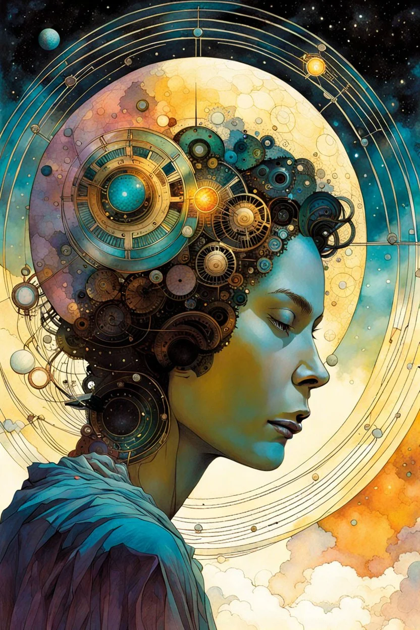 A portrait of the inner workings of the cosmic clockwork mind as it wonders at its own existence , Tracy Adams , Gabriel Pacheco , Douglas Smith , Bill Sienkiewicz, and Jean Giraud Moebius , muted natural color, sharp focus, ethereal and filled with wonder