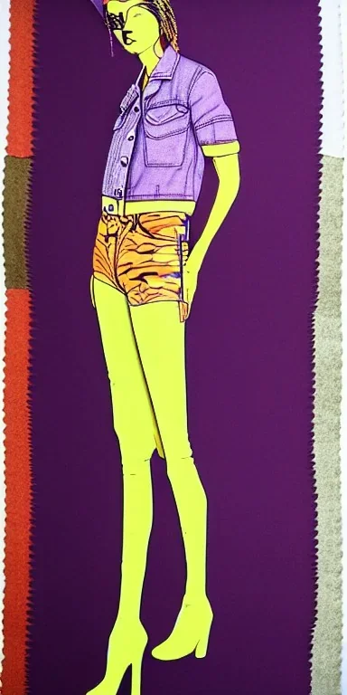 Model, woman. sérigraphie on denim with orange,terracotta, cream and purple colors. Camouflage patterns are screen printed on denim and felt. Woman in her 30's, thick thighs, thick calves, flat belly, wide hip. Mantle is sewed of recycled Denim and sewed together of camouflage pieces. It is with big bright purple felt tippet and cream-colored-hood. mantle is merged with satchel. Style: Haute Couture in 1920's and 1990's in New York. Paris in 2023