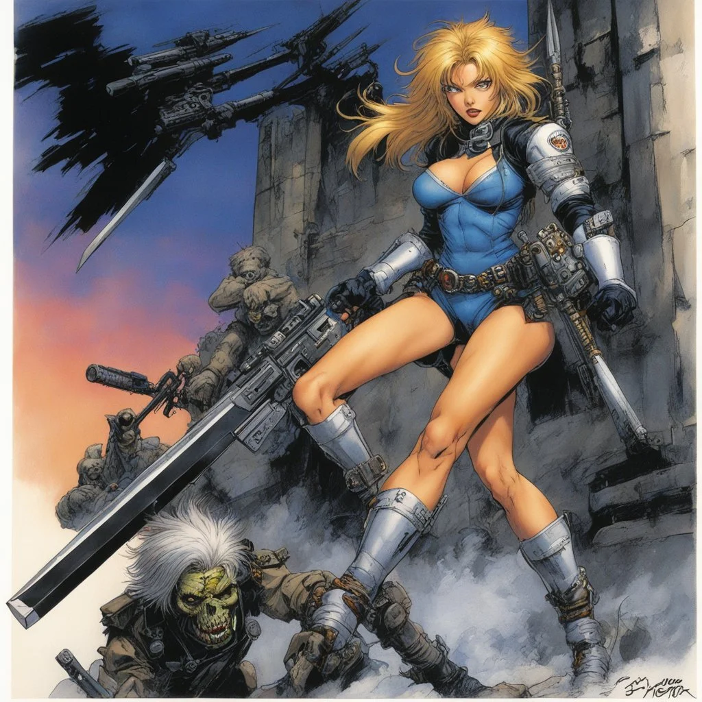 #5 Original coloured Art by masamune shirow Vortex Comic, 1988: female zombie slayer with weapons