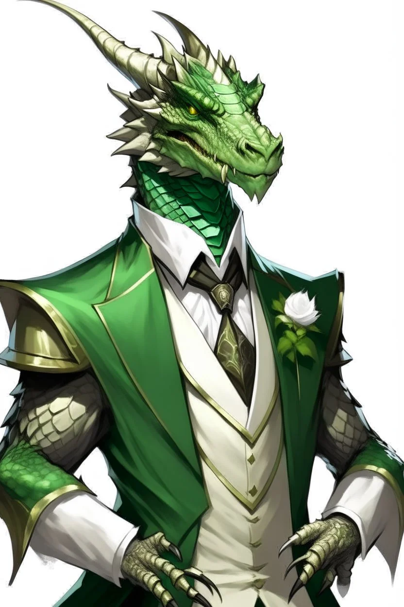 A silver Dragonborn from dnd wearing a tuxedo green eys