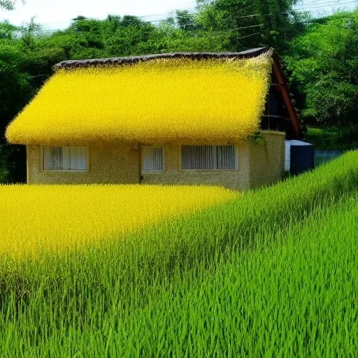 flowery cottage a golden rice field