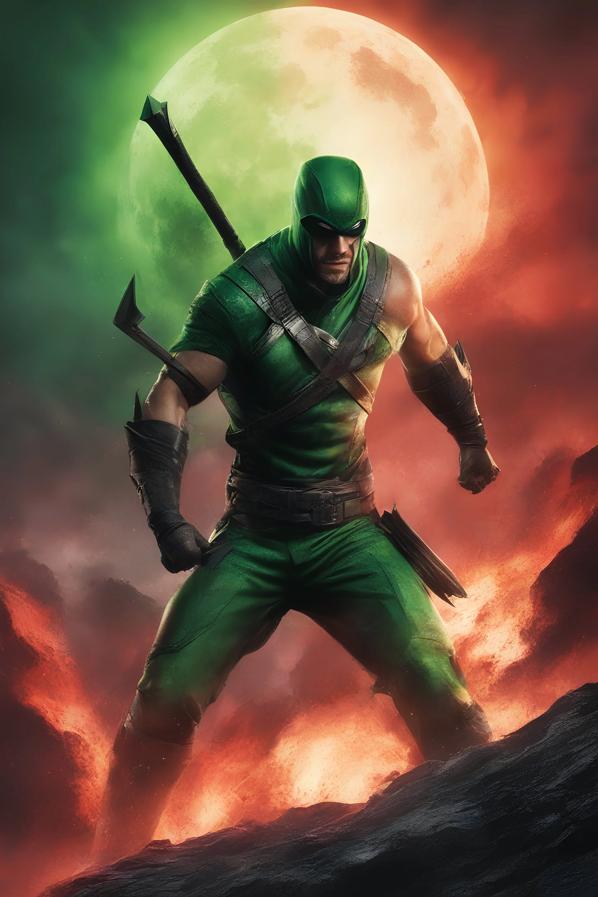 Green Arrow, Strong, athletic physique, action poses, battle scars, blood, foggy, cloudy background, multicolored lightning, flowing lava, Full Eclipse, aliens, explosions, bright, vibrant, extremely colorful, detailed, blood red skies