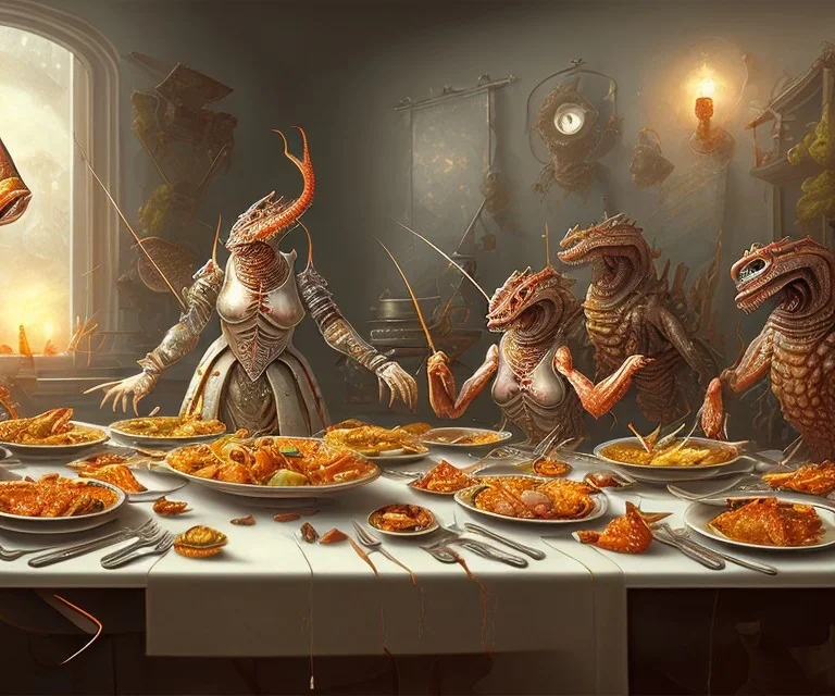 supper, fish sit at the table and eat pieces of people.