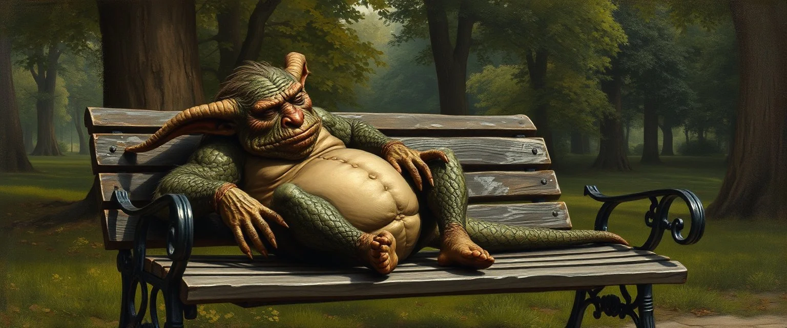 master oil painting by Rembrandt, fat orc dragon gremlin sleeping on a bench in the park