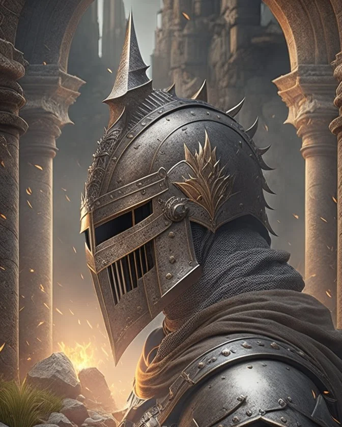 Dark souls Knight, aura, portrait, background Dark souls like ruins, comic style, helmet,
