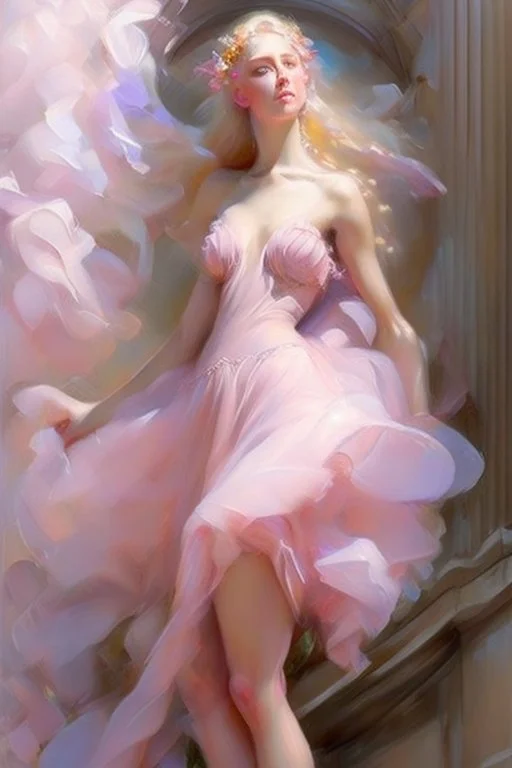 Spring goddess, Portrait of a full visible figure beautiful blond woman wearing a vaporous soft pink tulle dress, fully visible slender legs, beautiful face elegant extremely detailed intricate very attractive beautiful crisp quality Michelangelo Daniel Gerhartz