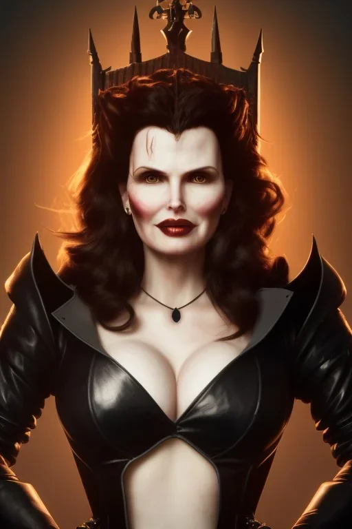 Geena Davis as evil queen in black leather, leather, busty, cleavage, angry, rage, stern look. character design by cory loftis, fenghua zhong, ryohei hase, ismail inceoglu and ruan jia. unreal engine 5, artistic lighting, highly detailed, photorealistic, fantasy