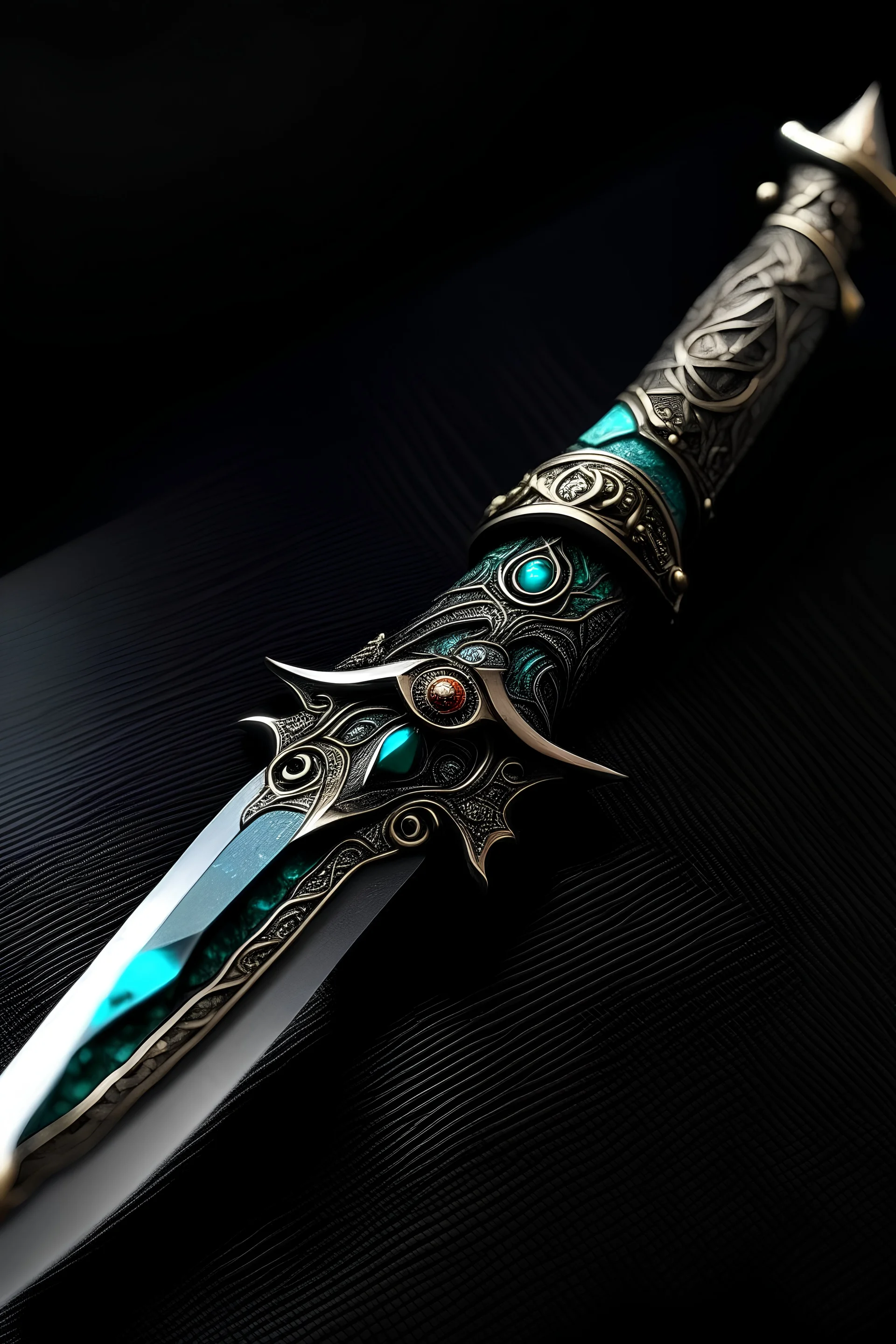 llustrate a unique and intriguing dagger with a wicked, serrated blade. The hilt should be adorned with mysterious runes, and the pommel should feature a small, embedded gemstone that glows with an otherworldly light. Show the dagger in a way that conveys both its aesthetic allure and its potential for arcane or mystical power. Capture the essence of a weapon that holds a secret or possesses a magical aura.