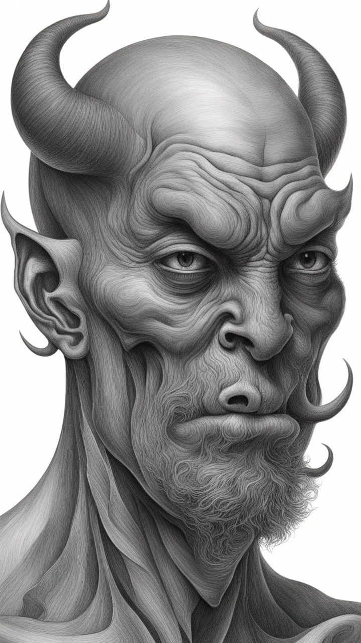 ππ§π€π’π₯π© highly detailed graphite illustration, A surreal devil figure with exaggerated anatomical features, heavily wrinkled skin, and an intense, contemplative expression. bald head, thick eyebrows, long beard merge into swirling abstract shapes. Large, expressive hands, one covering the mouth and the other gripping the forehead tensely. Mysterious, introspective, dreamlike, somewhat dark fantasy. #ππ§πart #prompt