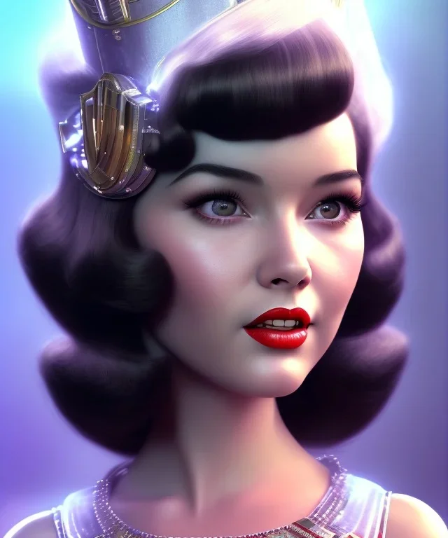 volumetric city environment background, 1960's pinup style, close-up face portrait of a very young bettie page as lolita goddess, 1940, redshift render, au naturel, realistic hair, slim, cute-fine-face, pretty face, realistic shaded perfect face, round face, fine details, anime, pivot on face, 8k, uhd, realistic shaded volumetric lighting, centered camera view, muted colors, colorful, concept and art by sam curry