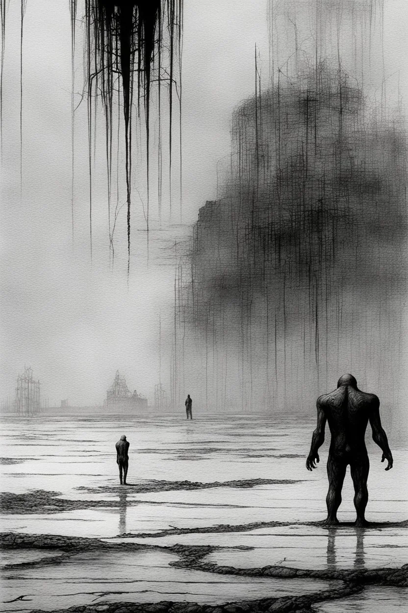 The full body of two fat old men , a thin line draw ، Siamese brothers with one body of two heads , front view camera, decayed and rotting with grotesque proportions and imagery. surreal horror, biomechanical design, by hr giger and beksinski , fine lines draw