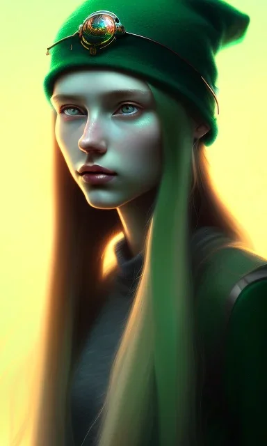 girl, cute, beautiful, long hair, wavy hair, green hair, blue eyes, green beanie, green coat, black tee shirt, head and shoulders portrait, 8k resolution concept art portrait by Greg Rutkowski, Artgerm, WLOP, Alphonse Mucha dynamic lighting hyperdetailed intricately detailed