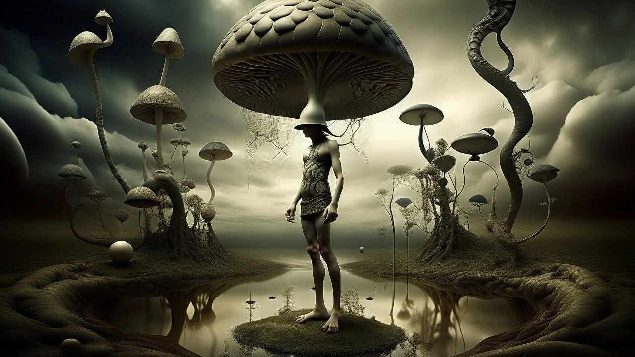 Generate the image of a distorted human figure with elongated limbs and surrealistic details such as melting features or a disappearing body, set against a dreamlike background with swirling patterns and suggestive symbols to evoke a surreal atmosphere. Alternatively, create a scene of a surreal landscape filled with fantastical elements like floating castles, giant mushrooms, or surrealist animals, such as a bird with a human head or a clockwork rabbit