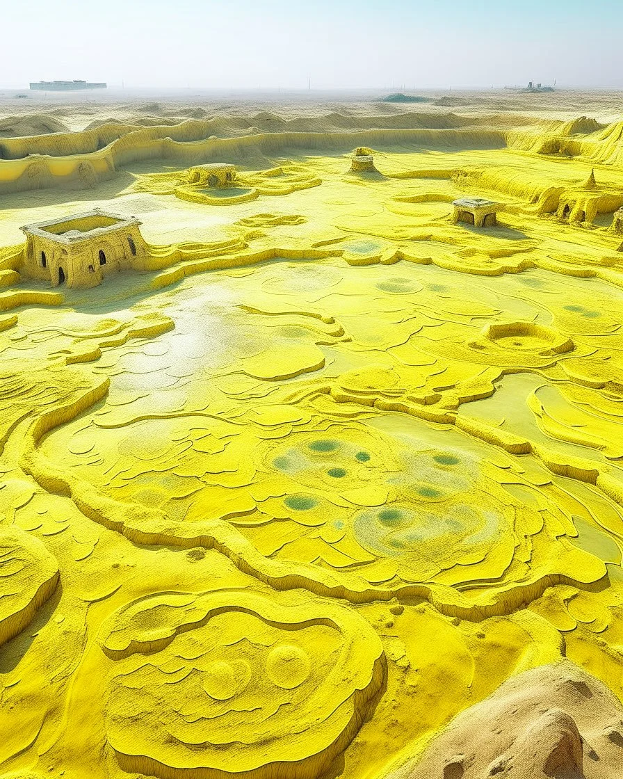 A light yellow wasteland with acid pools designed in ancient Egyptian hieroglyphics painted by Qiu Ying