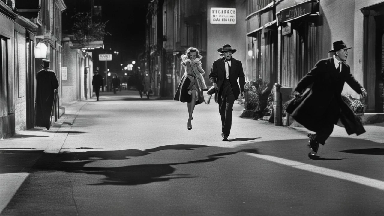 Creatures from 'Fiend without a face' chasing a woman down a street, 1950s noir