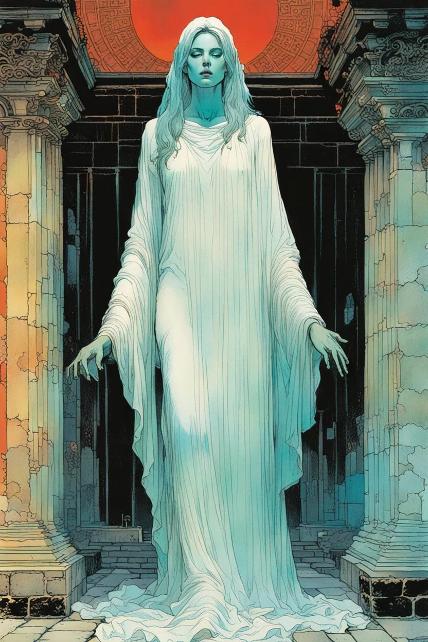 create an imaginative drawing of the pale translucent ghost of an ancient female Oracle, Pythia clothed in ragged ornate Grecian robes, with finely detailed hair and feminine facial features, in the ruined temple of the dead , in the comic book art style of Bill Sienkiewicz, Mike Mignola, and Jean Giraud Moebius, finely textured, drawn, colored, and inked, suffused with dark foreboding shadows