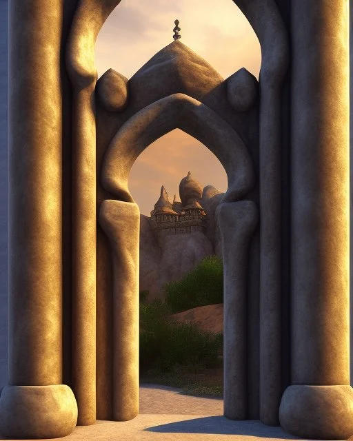 A gothic_arab gate with a view of a desert landscape