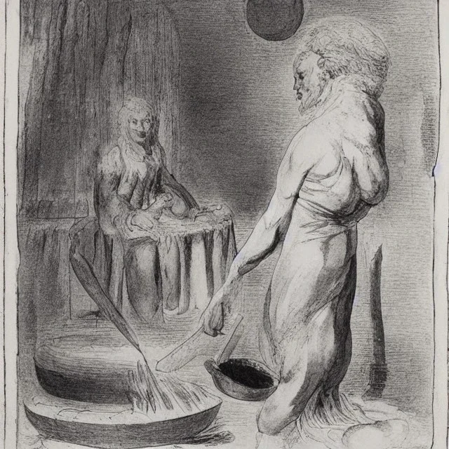 William Blake in a French maids outfit cooking over a fire