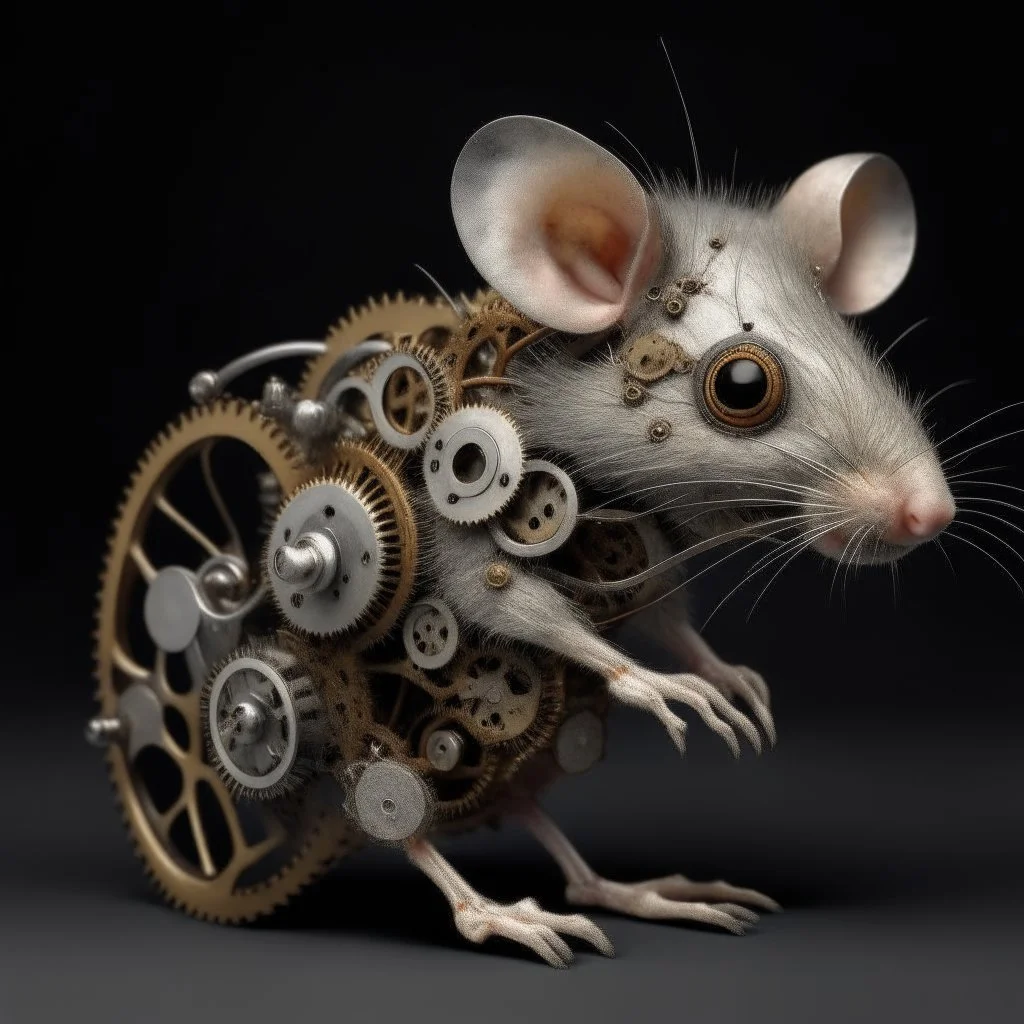 a rat with gears in it's face, naked