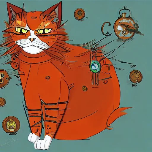 Orange longhairs cat with a clock, surrealism in the style of Salvador Dali