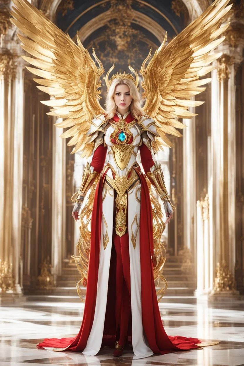 Excited pose style Facing front Gorgeous Photography Beautiful Angel Queen Cyborg dressing Luxury Gown Mecha Golden and red diamond jewelry,walk in palace