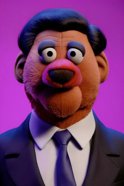 Waist up muppet Portrait, Xi Jinping as muppet doll, black suit and red tie, photo studio, blue background, unreal engine 5, concept art, art station, god lights, ray tracing, RTX, lumen lighting, ultra detail, volumetric lighting, 3d.