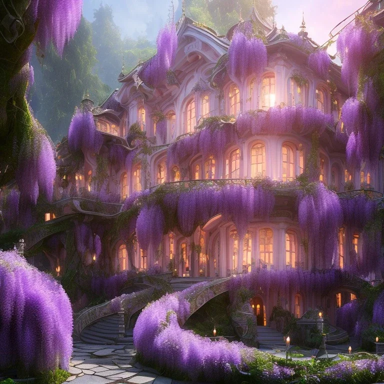 a magical flower wisteria house in the woods, pink vertical, sharp, vines, candlelit, endor, ornate, elegant, highly detailed, artstation, concept art, smooth, sharp focus, illustration, 8k, splash art, wallpaper, key visual