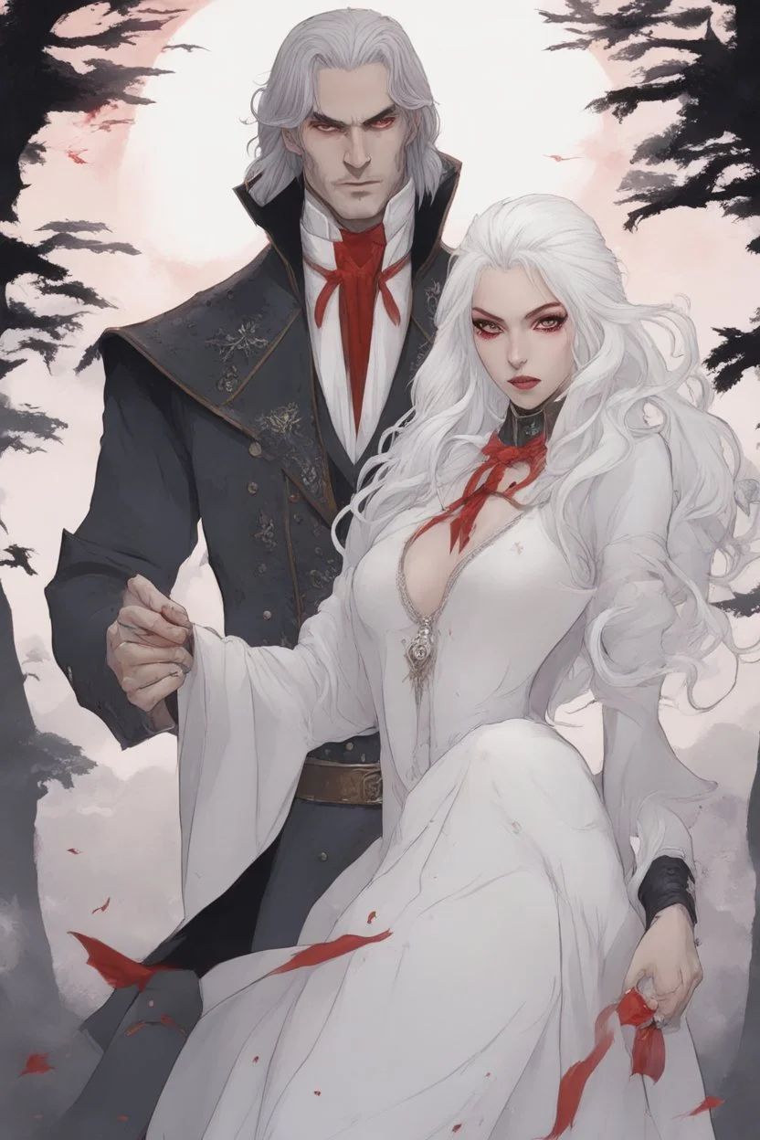 Vampire count Strahd Von Zarovich has long black hair and red eyes, with a woman with white hair